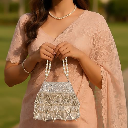 Image of Nevis PU Silk Women's Pearl & Bead Embellished Potli Bag with Beaded Handle | Designe Wedding & Festive Handbag