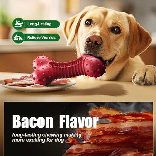 Image of Dog Toys for Aggressive Chewers, Dog Chew Toys for Medium Large Dogs, Durable Natural Rubber Dog Toys with Bacon Flavor, Indestructible Dog Toy, Red