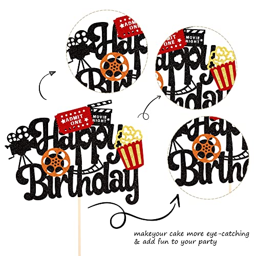 1 Pcs Movie Night Cake Topper Happy Birthday Sign Cake Pick Decorations For Theater Video Recorder Roll Camera Popcorn Hollywood Theme Family Film Baby Shower Birthday Party Supplies #TOP2