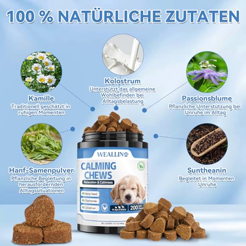 WEALLIN Beruhigungsmittel für Hunde 200 Kaubleck Natürliche Beruhigungs Snacks für Hunde, Unterstützt das Gleichgewicht bei Trennung, Unruhe, Reisen, Gewitter Für alle Rassen & Größen Huhn Geschmack