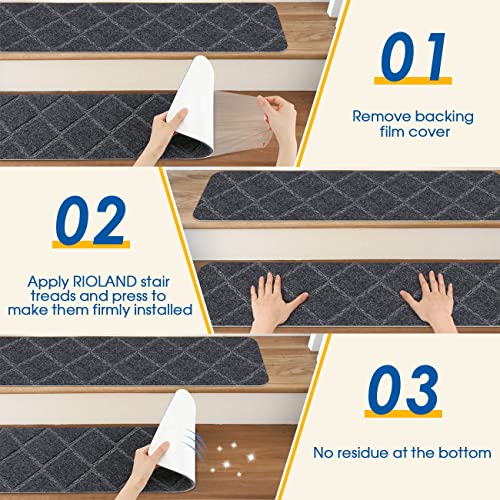 Rioland Stair Treads Carpet Non-Slip Indoor 15 Pcs Wood Stair Treads Rugs Anti Moving Modern Stair Runners Safety For Kids Dogs, 8" X 30", Diamond Gray #TOP3