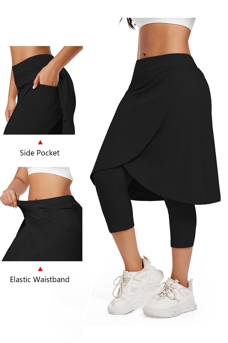Langer knielanger Damenrock mit Capri-Leggings, athletisch, Golf, Yoga, Tennis, Rock-Leggings mit Innentasche