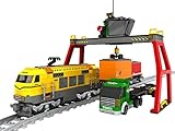 auflieger lkw ls17 Klemmbausteine Zug Set, 52 cm Modbrix Bausteine Verladeterminal mit Güterzug + 2 Güterwagen, LKW mit Container Auflieger, Verladekran und Schienen, 792 Bausteine