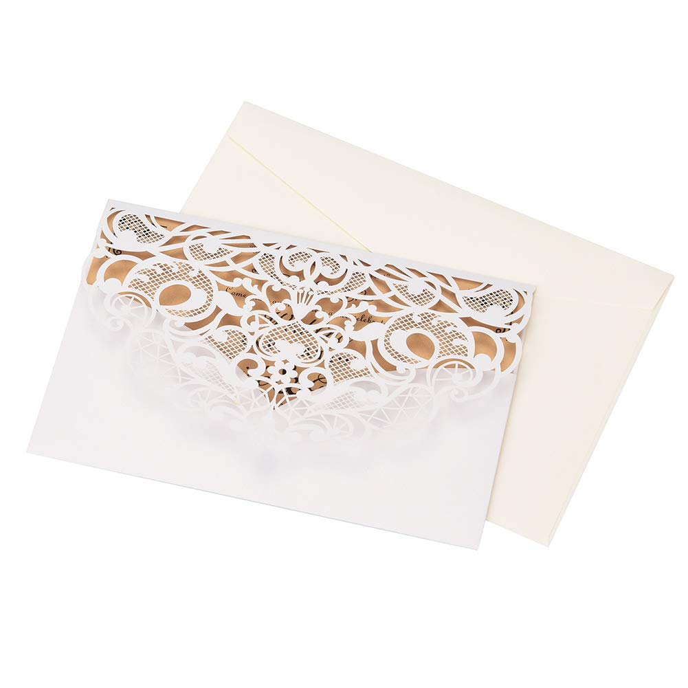 CYSKY Kit d'invitations Rectangle découpées au Laser de Carte d'invitation de Mariage de Paquet de 50 avec Le Papier Imprimable et Les enveloppes Vierges pour l'obtention du diplôme de Mariage (Blanc)