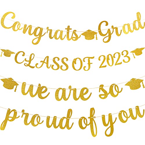 Graduation Letter Banners Congrats Grad Gold Glitter Banners Class Of 2023 Party Banners Graduation Paper String Banner For Graduation Party Favors Classroom College High School 4 Pcs #TOP27