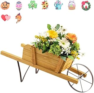 TANGZON Wooden Wheelbarrow Planter, Rustic Garden Wagon Planter Cart with Wheel & 2 Long Handles, Outdoor Decorative Raised Plant Pot Stand for Patio, Balcony and Courtyard