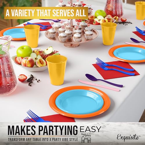 Image of Exquisite 350 Pcs Rainbow Plates and Napkins Party Supplies Plate Sets | Sturdy Plastic Dinnerware Set With 9 inch & 7 inch Plates, 12 Oz Cups, Lunch Napkins and Cutlery Serves 50 for Birthdays & Everyday