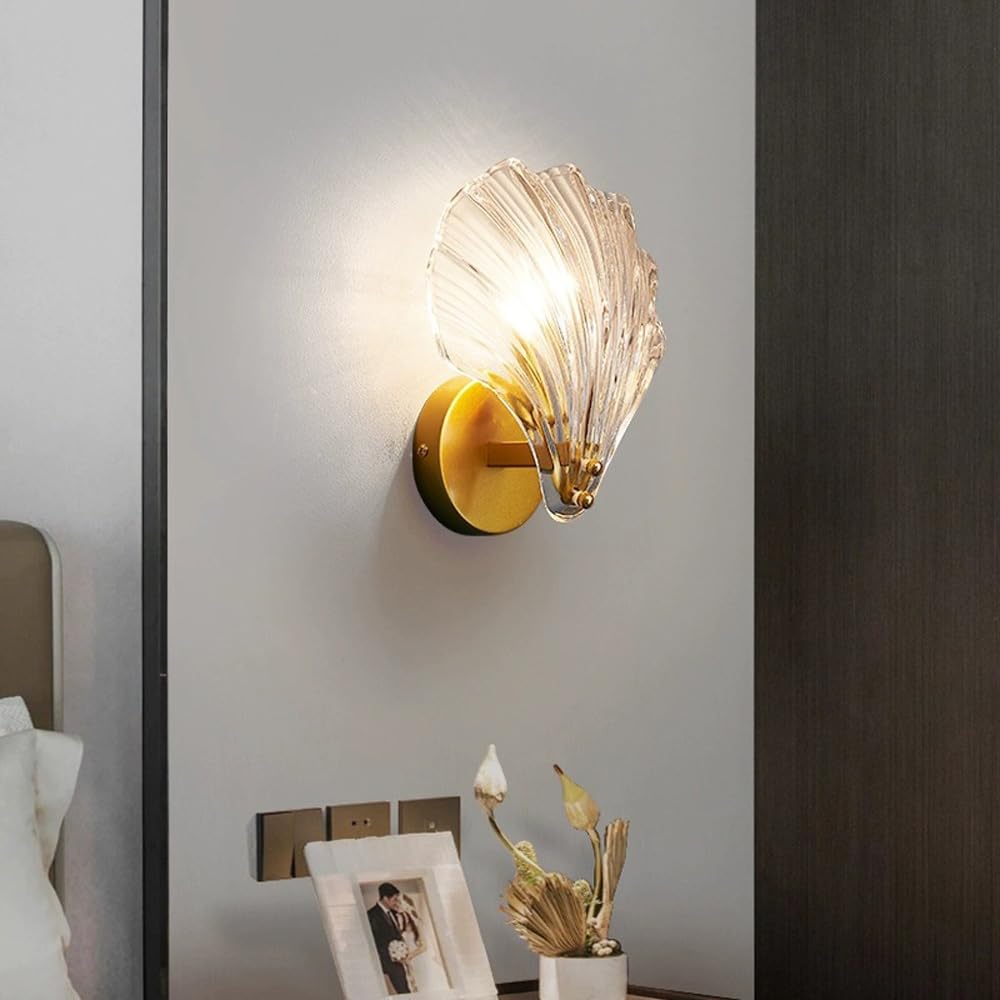 Ensemble de 2 appliques murales en verre transparent à piles, applique murale sans fil rechargeable par USB, style nordique moderne, avec télécommande, coquillage doré, lampe murale sans fil c