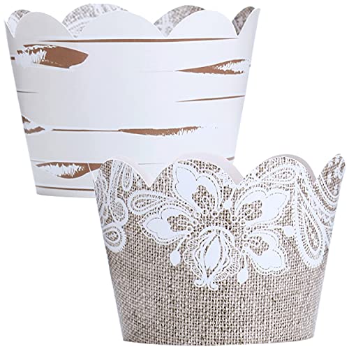 Burlap and Lace Cupcake Wrappers, 48 Count - Rustic Birch