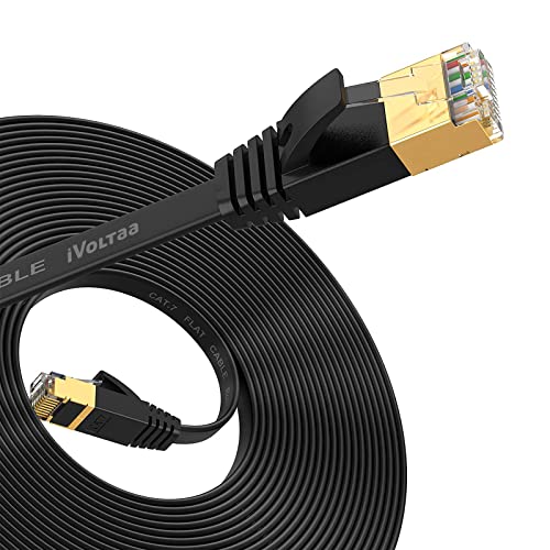 Image of iVoltaa Cat 7 Ethernet LAN Cable | 100% Pure Copper | High Speed Flat Shielded STP RJ45 Patch Cord for Router, Modem, Switch, Laptop, PS5 - Black 0.5 Feet (15 cm)