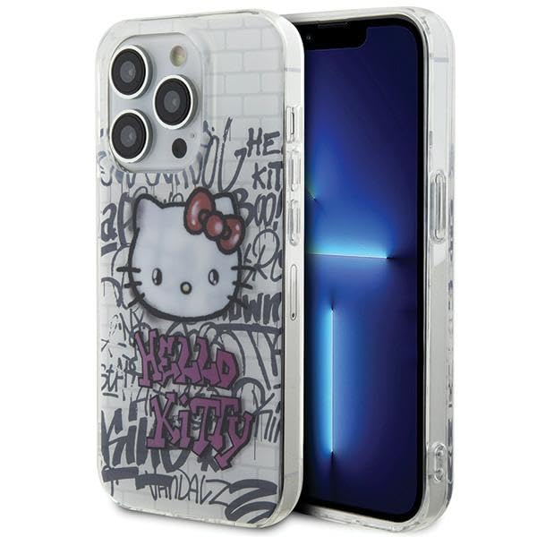 CG MOBILE Hello Kitty HKHCP15LHDGPHT Coque pour iPhone 15 Pro 6,1" Blanc Coque rigide IML Kitty On Bricks Graffiti