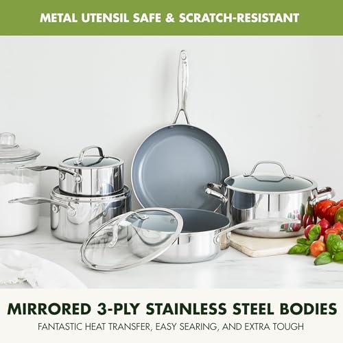 Image of GreenPan Valencia Pro Tri-Ply Stainless Steel 9 Piece Cookware Set, PFAS-Free Ceramic Nonstick Coating, Induction Ready Pots & Pans, All Cooktops, Dishwasher & Oven Safe to 600F
