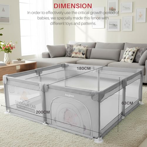 Image of Baybee JoyHub Kids Playpen for Babies | Baby Play Area Indoor Setup with Zipper Door & Toys Pouch | Kids Activity Playards with Corner Protection | Outdoor play pen for baby for 0 - 5 years Boys Girls (200 x 180 CM - Light Grey)