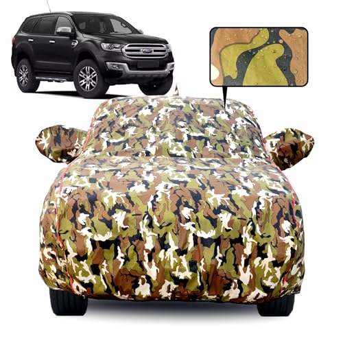 Image of Waterproof Car Body Cover for Ford Endeavor (2016-2026) with Mirror Pocket, Soft Cotton Lining, Triple Stitched, Full Bottom Elastic (Heat Resistant Jungle Print with Red Piping)