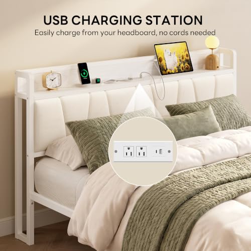 Image of LIKIMIO Queen Bed Frames, PU Leather Storage Headboard with Charging Station, Solid and Stable, Noise Free, No Box Spring Needed, Easy Assembly, White