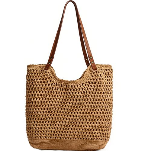 Bolso Hobo Multifuncional de Paja para Verano con Asas de Cuero miniatura 1