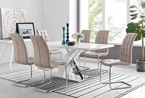 Furniturebox UK Atlanta Rectangle Chrome Metal Modern Stylish High Gloss White 6 Seater Dining Table And 6 Premium Murano Dining Chairs Set (Dining Table + 6 Cappuccino Grey Murano Chairs)