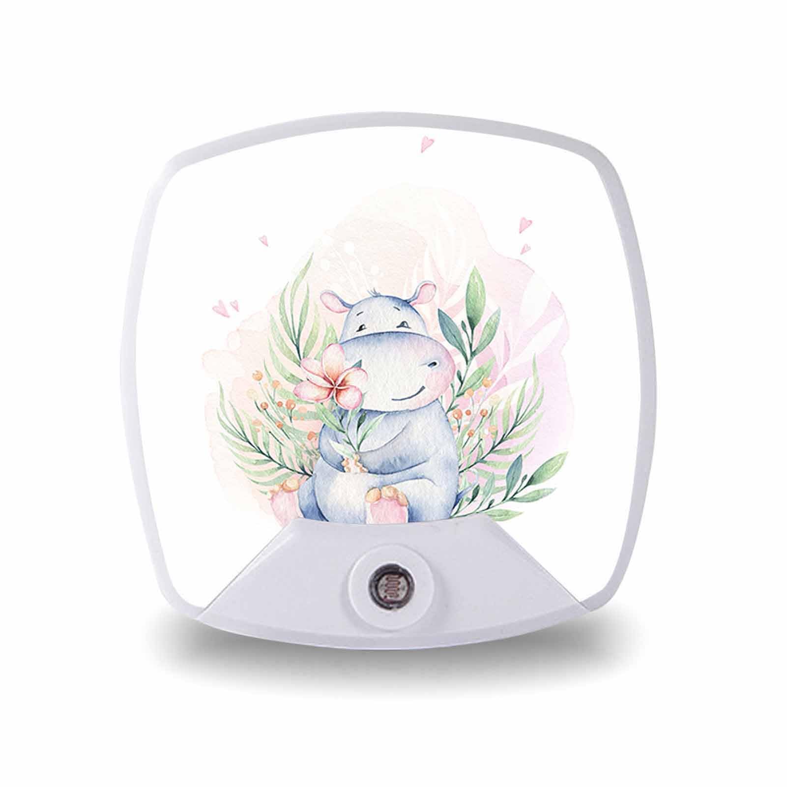 Sensor Night Light Plug in Lamp,Hippo Hand Drawn LED Nightlights 3.54x3.54 Inch for Bathroom with Smart Dusk to Dawn Sensor, Adult, Hallway, Kitchen, Stairs