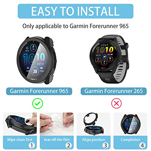 Suoman 2+6 Pack for Garmin Forerunner 965 Case, Charger Port+9H Tempered Glass Screen Protector, Full Coverage Durable PC Hard Protective Cover Bumper (Black+Black)
