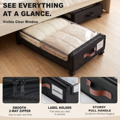 Image of Story@Home Underbed Storage Box and Organiser with Wheels | Under Bed Storage Bags with Clear Lid & Label | Rolling Under Bed Storage for Clothes, Shoes, Blankets - Black - Pack of 1