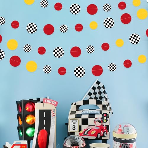Image of Racing Car Party Decorations Yellow Red Circle Dot with Checkered Printed Polka Dots Garland Streamer for Race Fans Birthday Wedding Shower Let's Go Racing Party Decor Supplies