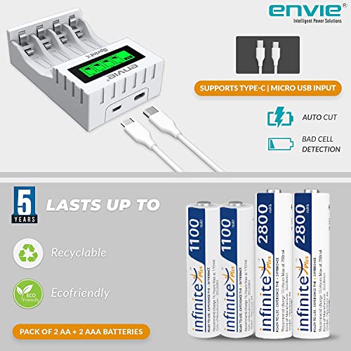 Image of ENVIE (ECR 11MC+2800+1100) SprintX Ultra Fast Rechargeable Batteries Charger for AA & AAA Ni-mh, with 2xAA2800 & 2AAA1100 Rechargeable Batteries, with Over Charge Protection