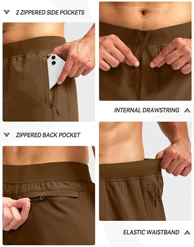 Pudolla Men's Workout Running Shorts With 3 Zipper Pockets Lightweight 7" Gym Shorts For Men Athletic Walking Hiking(Brown Medium) #TOP3