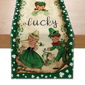 Vintage St Patricks Day Table Runner St Patricks Day Decorations Green Lucky Vintage Style Boy and Girl Clover Spring Home Kitchen Dining Table Decor St Patricks Day Party Decorations 13×72 Inch