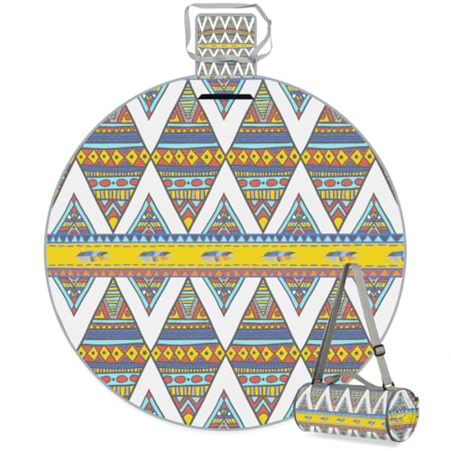 Shimoshe Ethnic Tribe Geometric Pattern Picnic Outdoor Blanket Foldable Waterproof Sandproof Beach Blanket Portable Water-Resistant Round Picnic Mat for Travel Camping Park Lawn