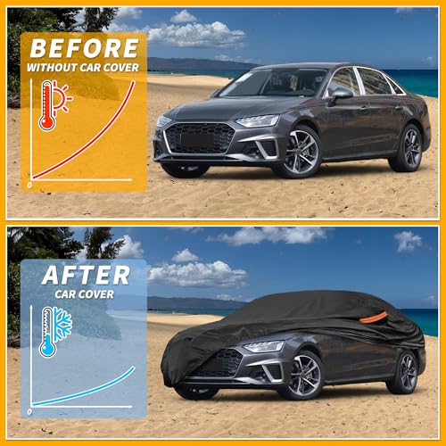 Image of Waterproof All-Weather Universal Car Cover with Right Side Zipper, 210T-PU Black Fits for Sedan 177 inch to 185 inch Length
