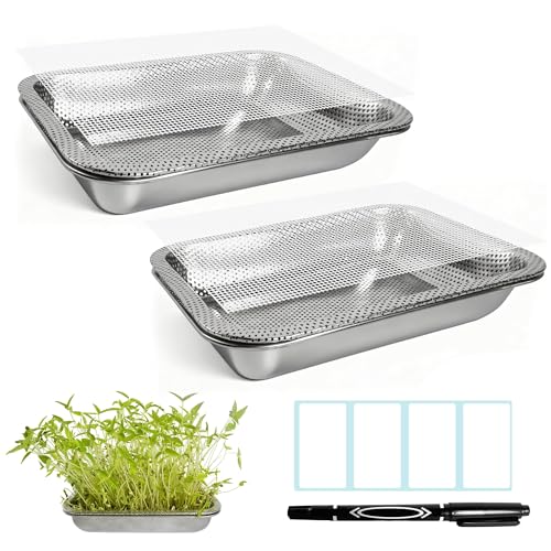 Amarys Hearth 2 Pack Stainless Steel Seed Sprouter Trays, 2-Tier Soil-Free Microgreens Growing Kit, Rust-Free Sprouting Tray with Mesh Pads for Sprouts Beans Alfalfa Wheatgrass