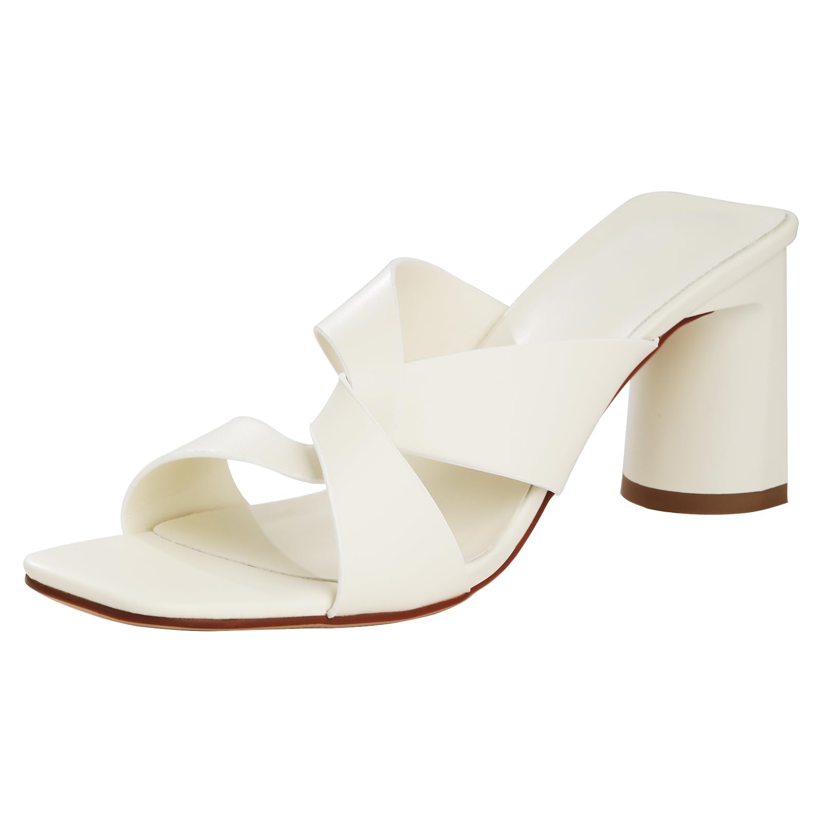 Husmeu Women's High Heeled Sandals for Women Dreesey Summer Mules Square Toe Slip on Heels Chunky Block Heels Sandals