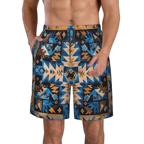 Native American Southwestern Aztec Diamond Blue Brown Men's Quick Dry Swim Trunks Surfing Beach Mesh Board Shorts