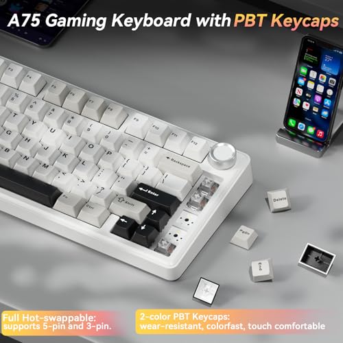 Image of SOLAKAKA A75 75% Wireless Mechanical Keyboard, Hot Swappable Gaming Keyboard with Multifunction Knob & RGB, Gasket Mounted Creamy Keyboard, PBT Keycaps, Compact Layout for Win /Mac /PC