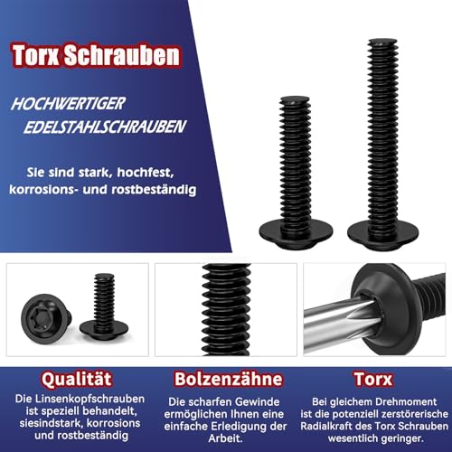 20 Stück M5x35 Schrauben, Linsenkopfschrauben, Torx Schrauben, Flanschschraube, Edelstahl A2 V2A, Vollgewinde, Schwarzes Oxid, mit Torx Schlüssel