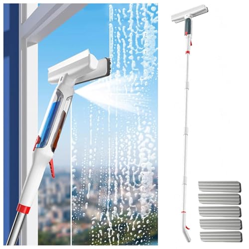 HJXBD888 RYJYQYX 4 en 1 Spray Limpiador De Cristales con Varilla De Extensión, Rasqueta Limpiacristales con Colector De Aguas Residuales Y 5 Paños para Baños,Ventanas,Espejos
