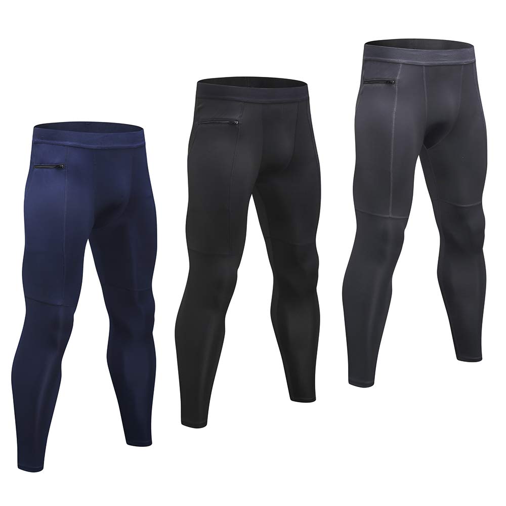 homgeel 3 Pack Men Pants Stretchable Bodycon Moisture-Wicking Quick Dry Zipper Pocket Running Tights Workout Leggings Sportswear-picture-35