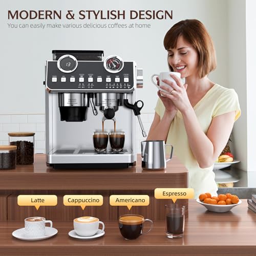 QJA Espressomaschine mit Mahlmaschine, professionelle Espressomaschine mit 20 Druckstangen mit 30 Mahlstufen, Siebträger 58 mm, Dampfstab gegen Verbrühungen, für Kaffee 10 QJA Espressomaschine mit Mahlmaschine, professionelle Espressomaschine mit 20 Druckstangen mit 30 Mahlstufen, Siebträger 58 mm, Dampfstab gegen Verbrühungen, für Kaffee