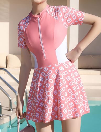 JadeRich Teen Girls' One Piece Short Sleeve Skirted Bathing Suit Rash Guard Sporty Swimdress Zipper Front2