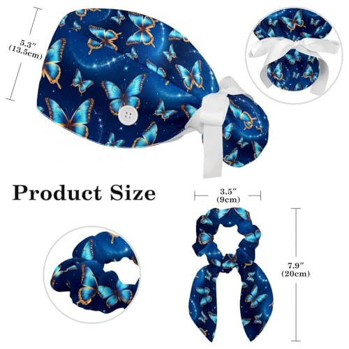 Image of Butterfly Scrub Cap Women with Ponytail & Buttons Adjustable Surgical Nurse Hat with Cotton Sweatband for Long Hair