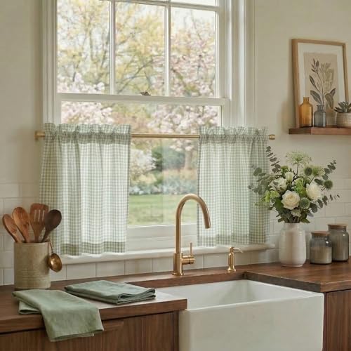 NICETOWN Sheer Linen Kitchen Curtains 24 Inch Length, Light Green Plaid Cafe Curtains for Living Room Bedroom, Farmhouse Bathroom Decor with Rod Pocke
