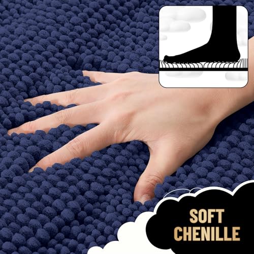 Image of OLANLY Thick Bathroom Rugs 30x20, Extra Absorbent Chenille Striped Bath Rugs, Rubber Backing, Machine Wash Dry, Bath Mats for Bathroom Floor, Tub and Shower, Home Decor Accessories, Twilight Sapphire