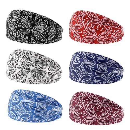 Image of YARIEW 6Pcs Headbands Paisley Bandanas Head Bands Sweat Band Hair Wrap Headwrap Fashion Boho Wide Thick Workout Yoga Elastic Headbands Mens Cooling Running Sports Headband Sweatbands for Women and Men