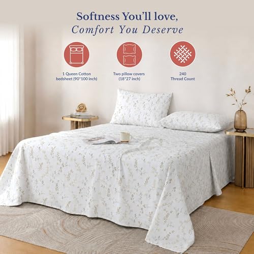 Image of Jaipur Weaves Double Bed Cotton Bedsheet Queen Size 90x108, 100% Pure Cotton Bed Sheet with 2 Pillow Covers, 240 TC Soft Breathable Floral Design - (Spring Tulips Yellow)