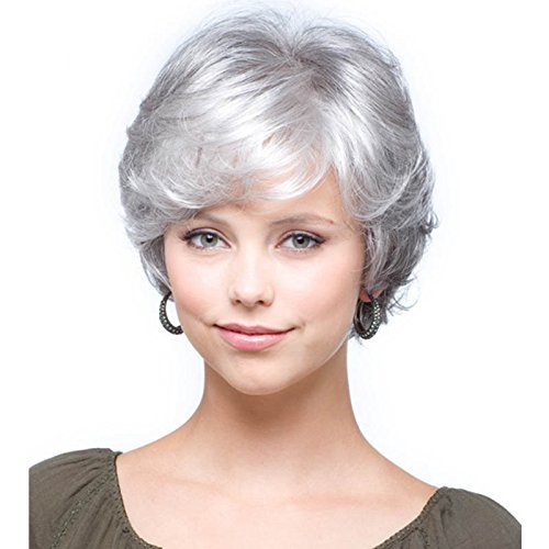 QianBaiHui Women Short Wigs Synthetic Hair Fashion Mother wigs, Silver Grey