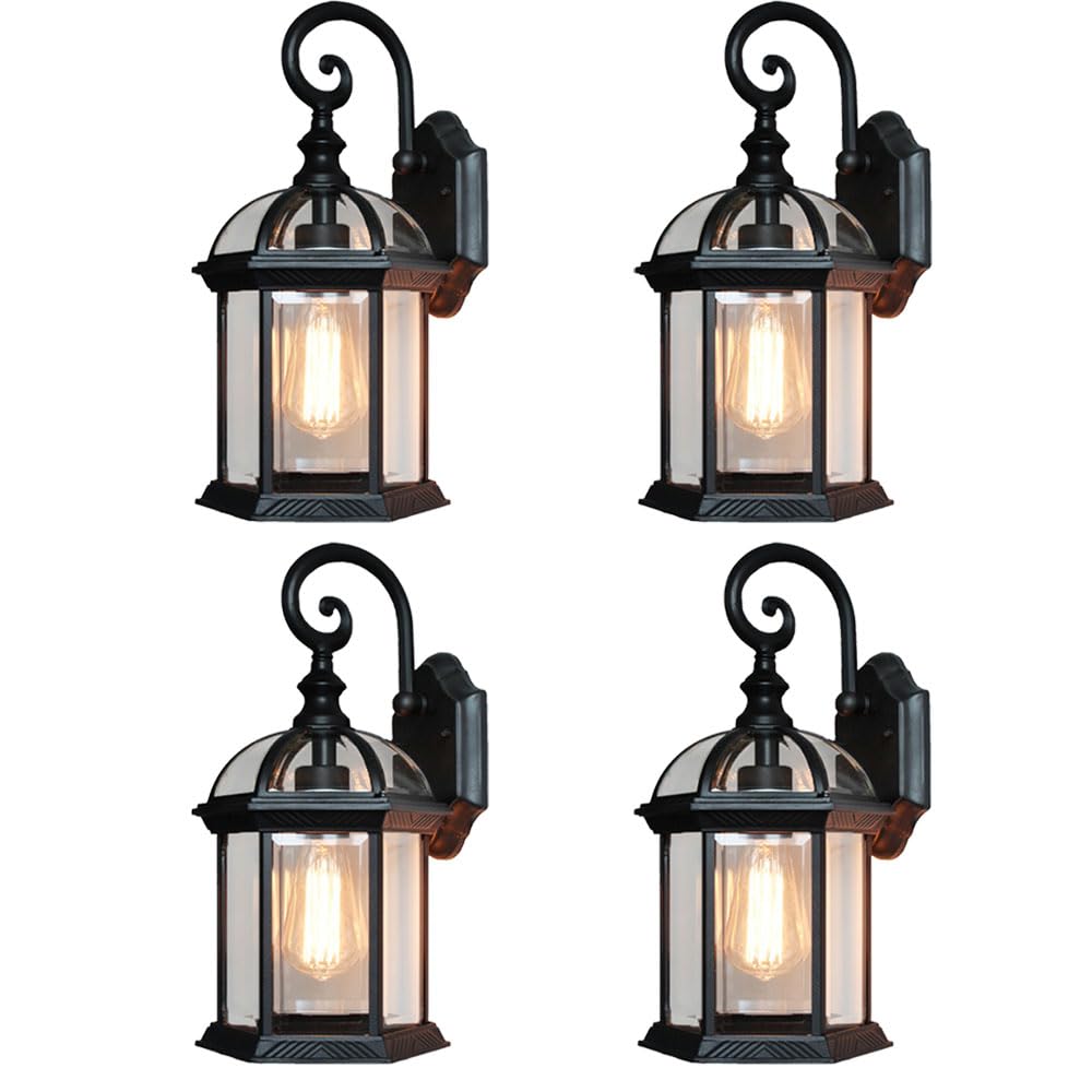 Moddeny 4 Pack Retro Waterproof Outdoor Wall Lanterns E27 Aluminum Outdoor Wall Light Fixtures Black Farmhouse Exterior Wall Sconce Porch Lights for Patio Front Door Entryway