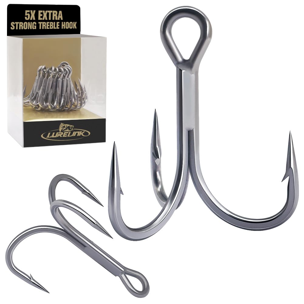 Fishing-Treble-Hooks-5X-Extra-Strong-Heavy-Duty Ultra Anti-Rust Bulk Hooks for Saltwater and Freshwater Fishing Sizes 5/0 to #8 (5X Extra Strong, Size:4 24-Pack)
