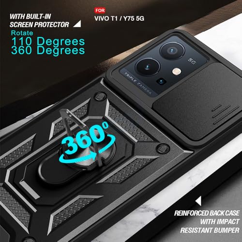 Image of AESTMO Tough Armor Vivo T1 5G / Y75 5G / iQOO Z6 5G Bumper Back Case Cover | Ring Holder & Sliding Camera Shield Cover | 360 Degree Protection Back Case Cover (Black)