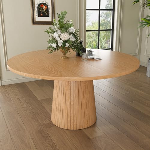 Image of Modern Round Dining Table, 47 inch Round Kitchen Table with Oak Wood Grain Tabletop & Fluted Strip Base, Space Saving Circle Dining Table Seats 4-6, Ideal for Dining Room, Living Room, Small Space