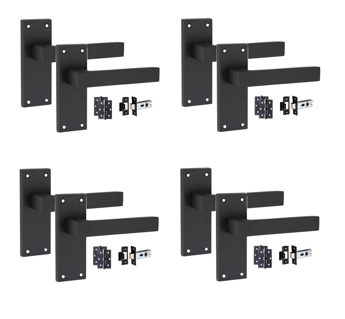 Golden Grace Victorian Straight Delta Door Handles Latch in Matt Black with 1 Pair of 3" Ball Bearing Hinges & Latches Pack, 4 Sets - 120mm x 40mm Backplate